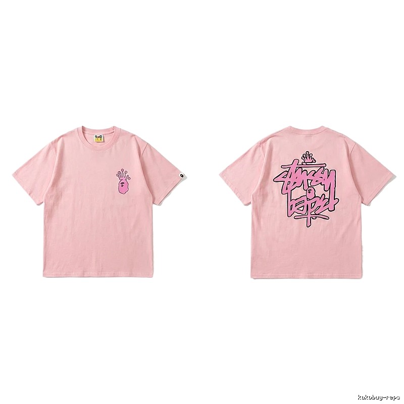 Bape Crown Print Trendy Cool Pink T-shirt
