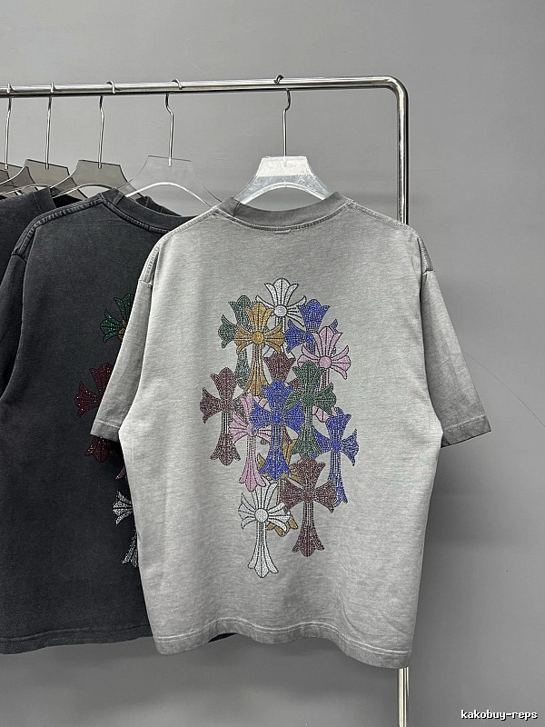 Chrome Hearts Cross Hot-Fix Rhinestone Street Style Light Grey T-Shirt