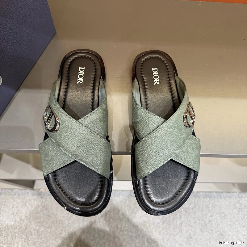 Dior Cross-strap Light Luxury Grey-green Slide Sandals