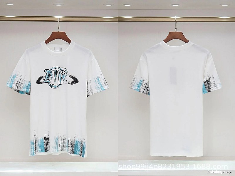 Dior Graffiti Collection Street Style White and Blue Short-sleeve T-shirt