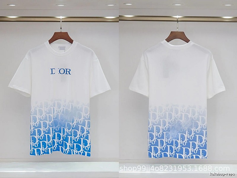 Dior Oblique Gradient Trendy Style Blue and White Short-sleeved T-shirt