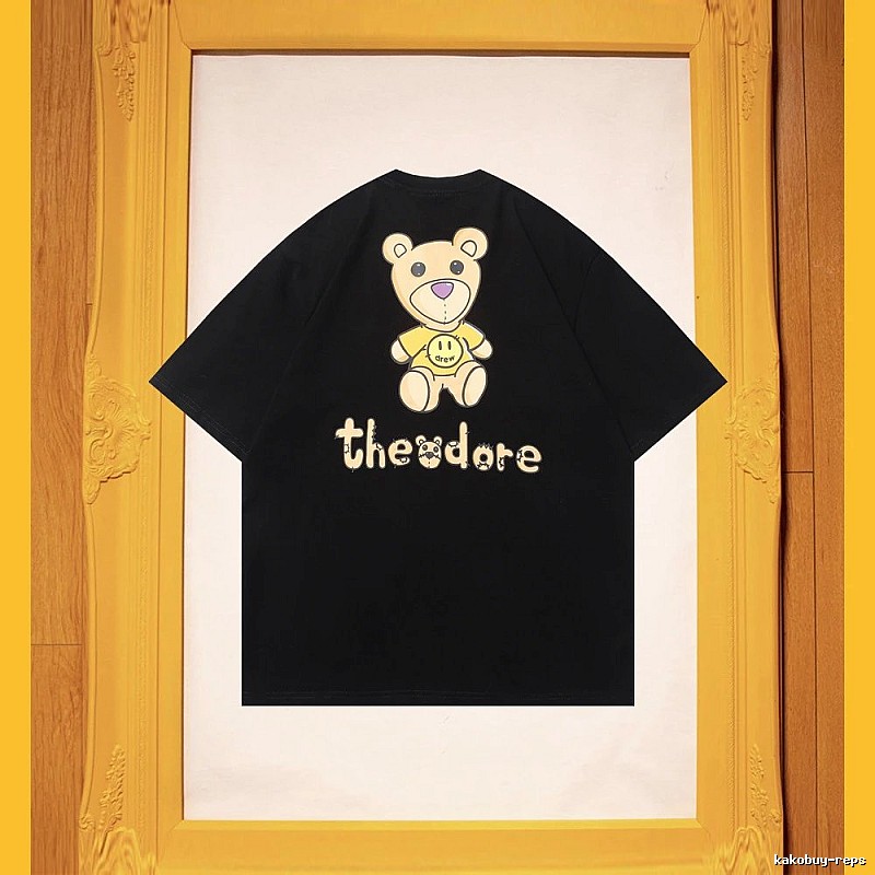 DREW Bear Print Streetwear Brand Black Short Sleeve T-shirt
