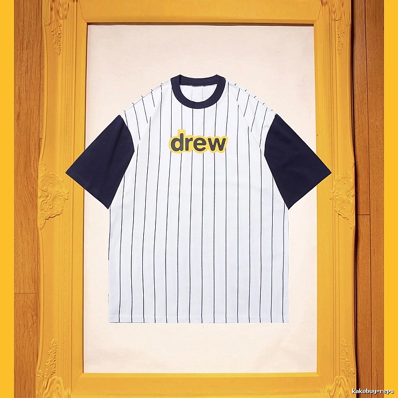 DREW Letter Print Street Style White and Navy Blue Short Sleeve T-Shirt