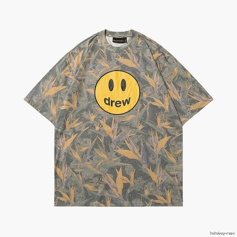 DREW Smiley All-over Print Street Style Grey and Yellow Short Sleeve T-Shirt