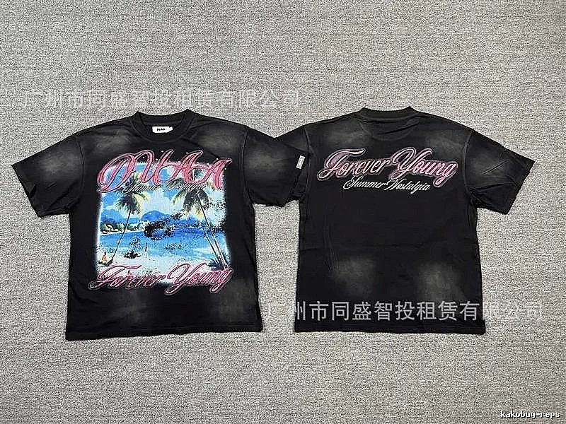 DUAA Beach Print Vintage Style Black T-shirt