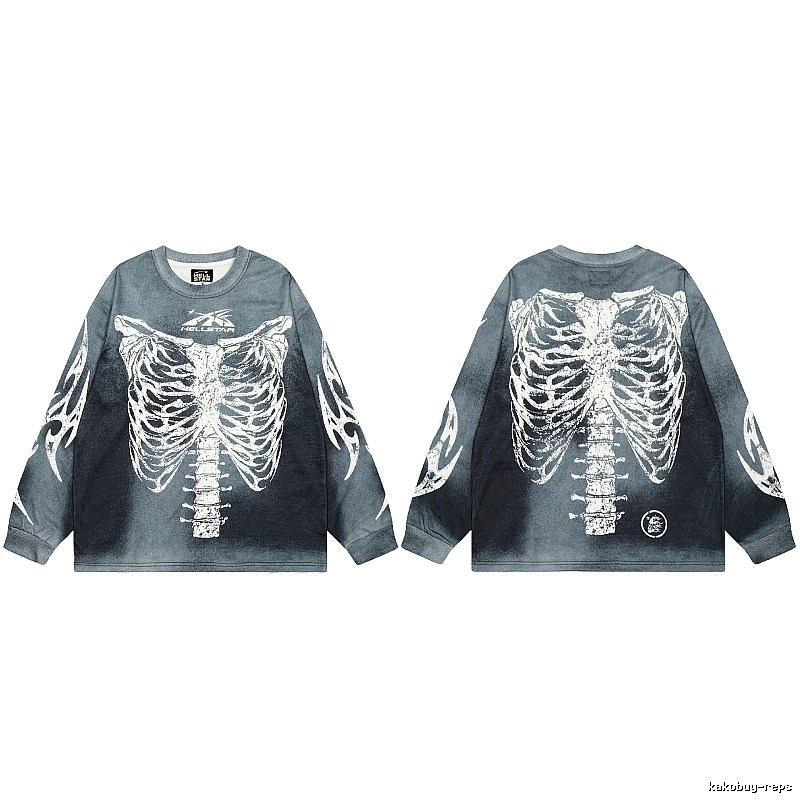 Hellstar Skull Print Street Style Vintage Grey Long Sleeve T-shirt