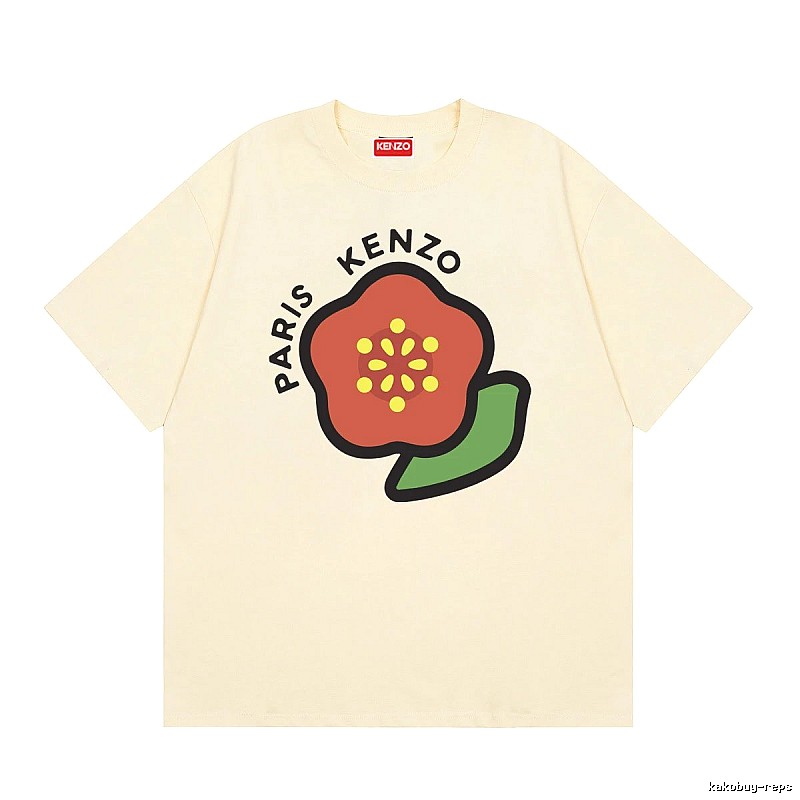 KENZO Begonia Print Casual Style Beige Short Sleeve T-Shirt