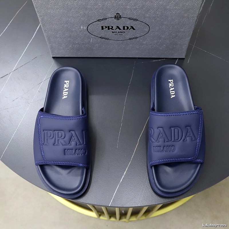 Prada Embossed Collection Minimalist Style Dark Blue Slide Sandals