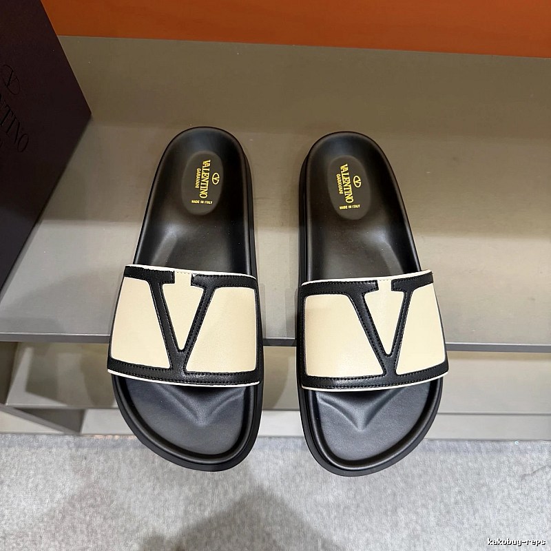 Valentino Big V Light Luxury Style Beige and Black Color-block Slide Sandals