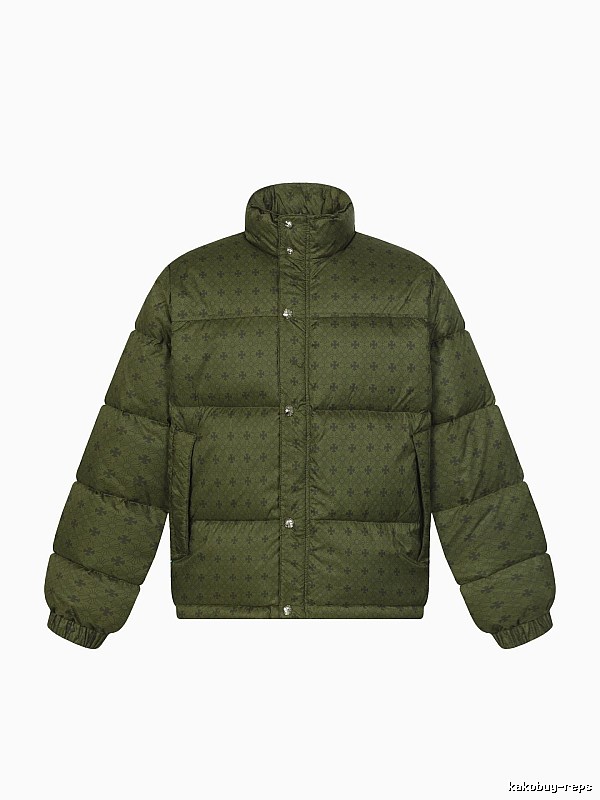 Vintage-style down jacket with Chrome Hearts print