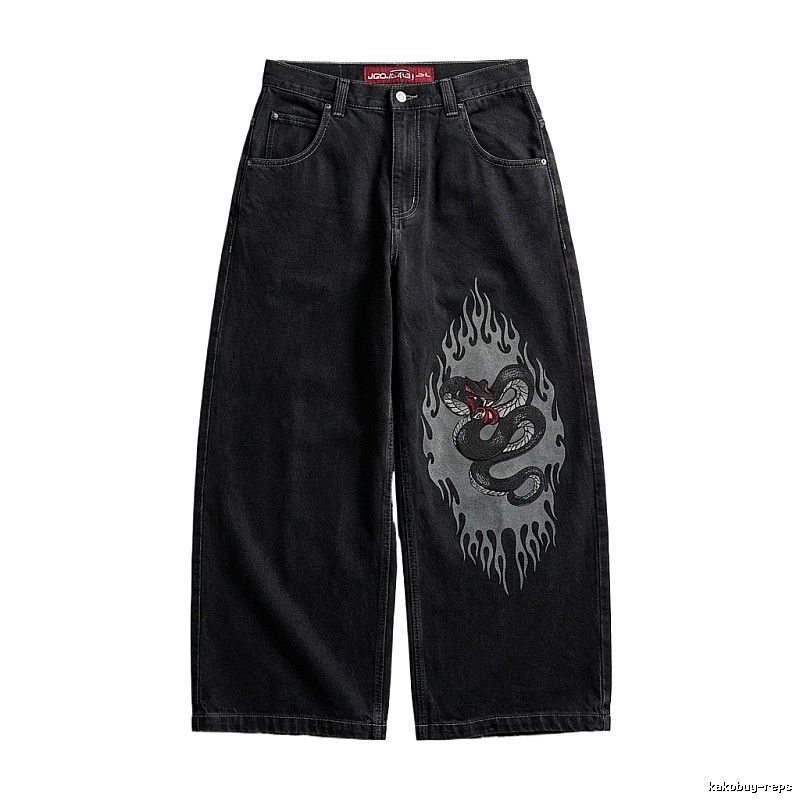 Y2K Flame Snake Print Black Jeans